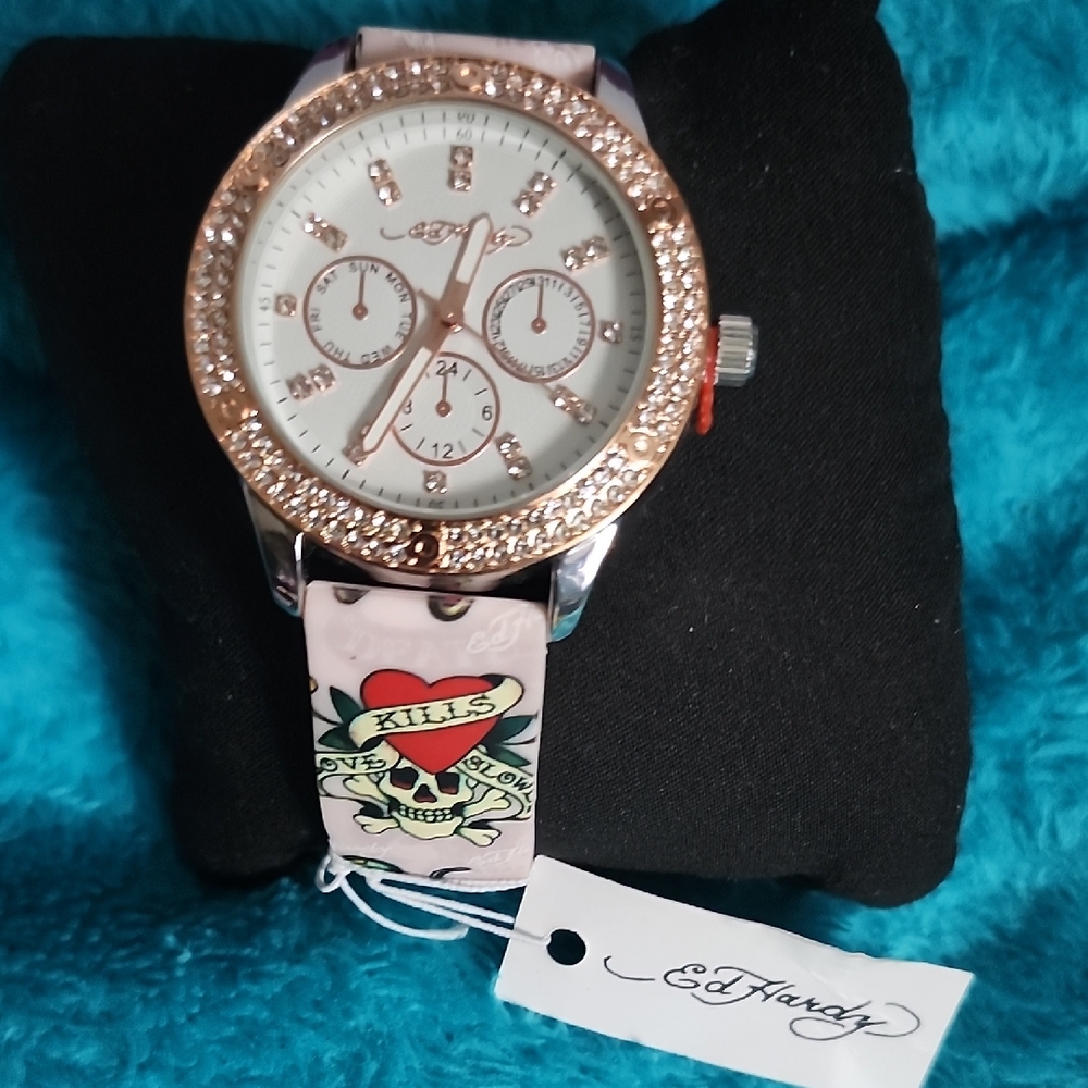 NWT Ed Hardy Women's Sliver and Pink Watch with Skull Design